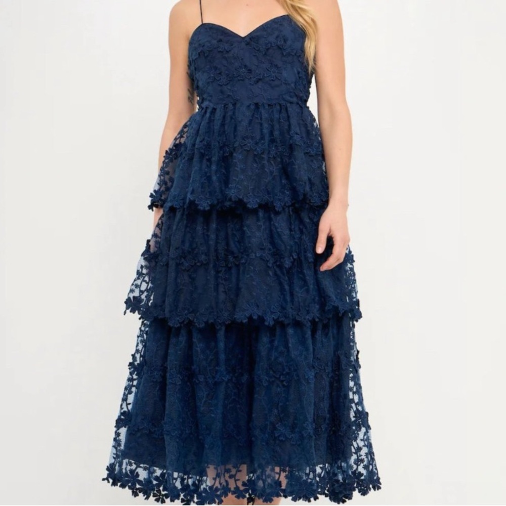 Endless Rose women’s dark blue floral Lace Tiered Dress size s  new